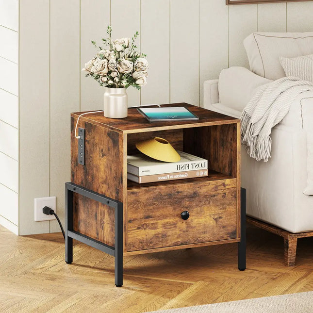 Nightstand with Charging Station and Drawer Sofa Side Table-Rustic Brown - Rustic Brown - Nightstands