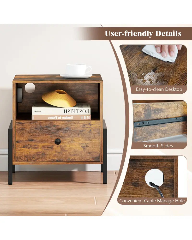 Nightstand with Charging Station and Drawer Sofa Side Table-Rustic Brown - Rustic Brown - Nightstands