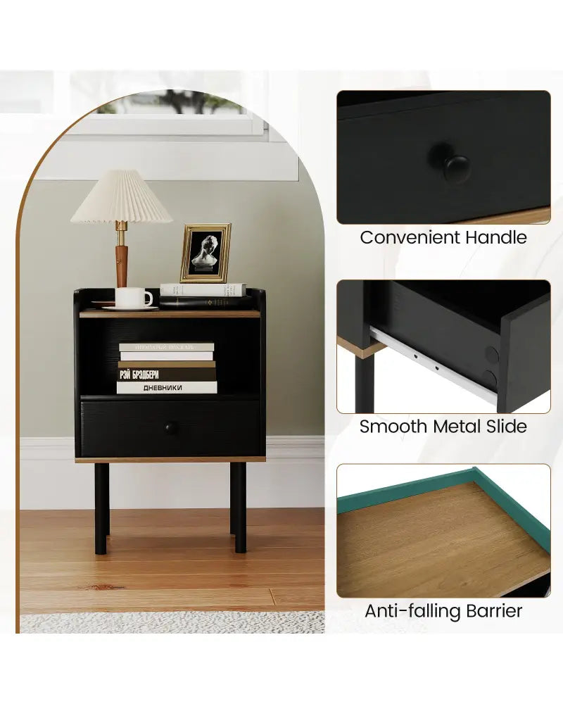 Nightstand with Drawer 3-Tier Sofa Side Table with Open Storage Shelf-Black - Black - Nightstands