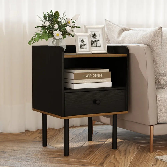 Nightstand with Drawer 3-Tier Sofa Side Table with Open Storage Shelf-Black - Black - Nightstands