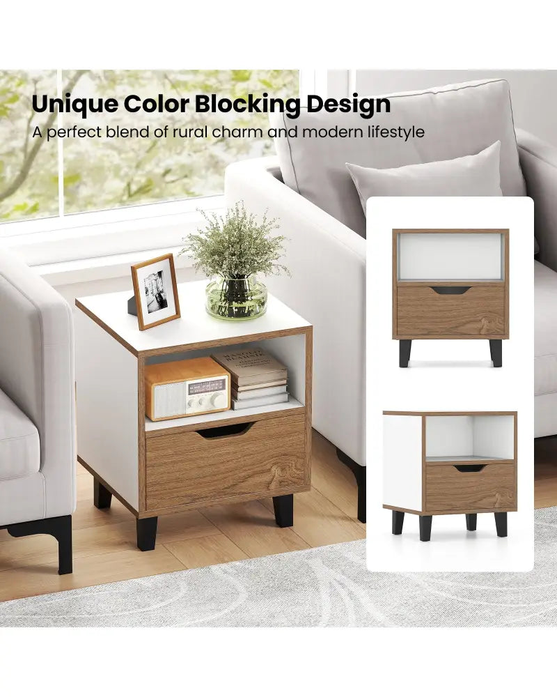 Nightstand with Drawer and Open Storage Shelf for Bedroom-White - White - Nightstands