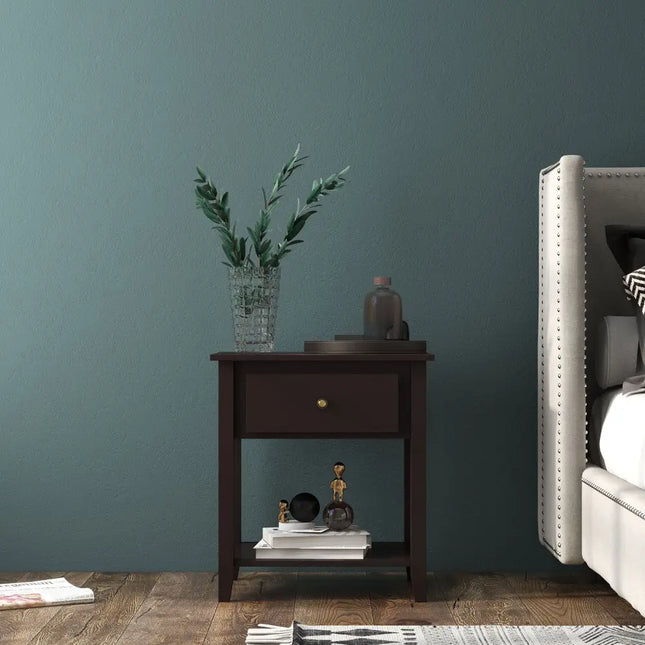 Nightstand with Drawer and Storage Shelf for Bedroom Living Room-Dark Brown - Dark Brown - Nightstands