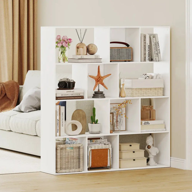 Open Shelf Bookcase 4-Tier Modern Bookshelf with 12 Storage Compartments-White - White - Bookcases