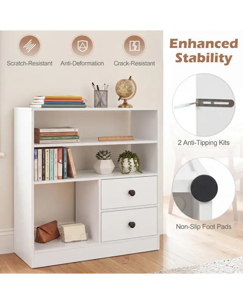 Open Storage Cabinet with 3 Open Compartments and 2 Drawer-White - White - Console Tables