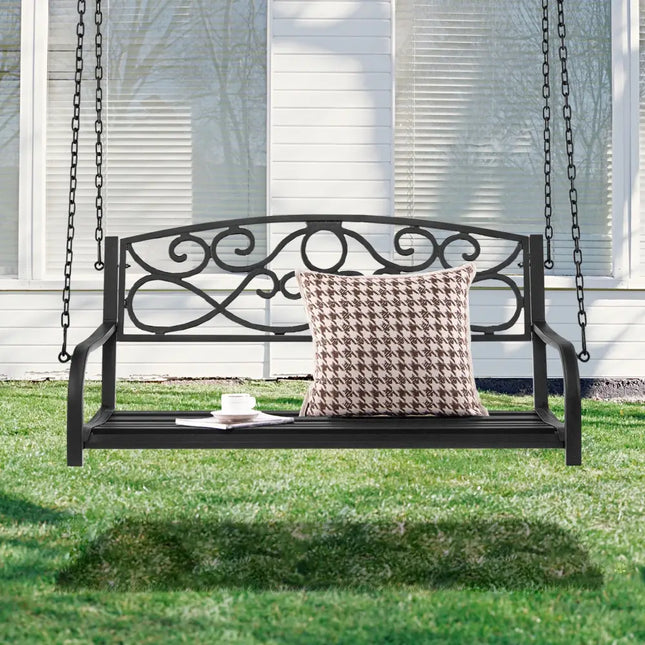 Outdoor 2-Person Metal Porch Swing Chair with Chains-Black - Black - Porch Swings