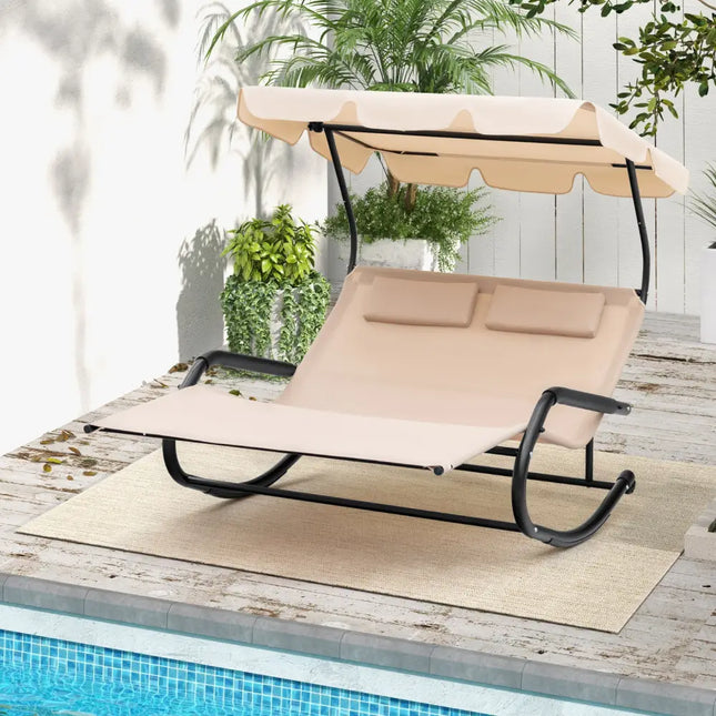 Outdoor 2 Persons Rocking Chaise Lounge with Canopy and Wheels-Beige - Beige - Outdoor Chaise Lounges