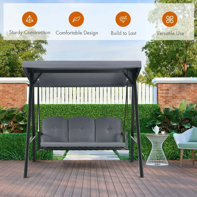 Outdoor 3-Seat Porch Swing with Adjust Canopy and Cushions-Gray - Gray - Porch Swings