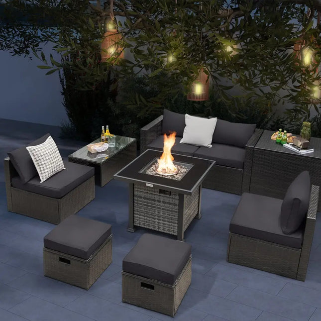 Outdoor 9 Pieces Patio Furniture Set with 50 000 BTU Propane Fire Pit Table-Gray - Gray - Outdoor Sectionals