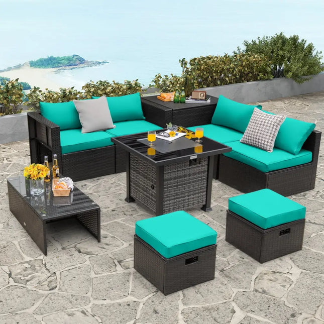 Outdoor 9 Pieces Patio Furniture Set with 50 000 BTU Propane Fire Pit Table-Turquoise - Turquoise - Outdoor Sectionals