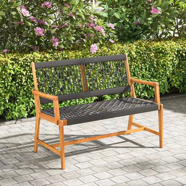 Outdoor Acacia Wood Bench with Rope Woven Backrest and Armrests for 2-Person - Black - Outdoor Benches