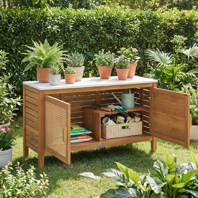 Outdoor Acacia Wood Storage Cabinet Outside Tool Cabinet with Fax Marble Top - Sheds & Outdoor Storage