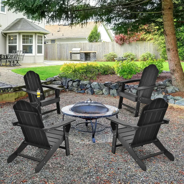 Outdoor Adirondack Chair with Built-in Cup Holder for Backyard Porch-Black - Black - Adirondack Chairs