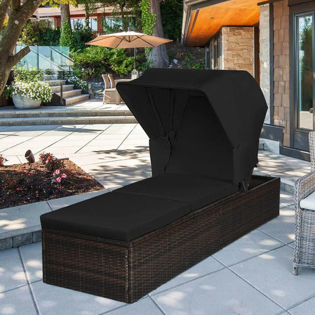 Outdoor Adjustable Cushioned Chaise Lounge Chair with Folding Canopy-Black - Black - Outdoor Chaise Lounges