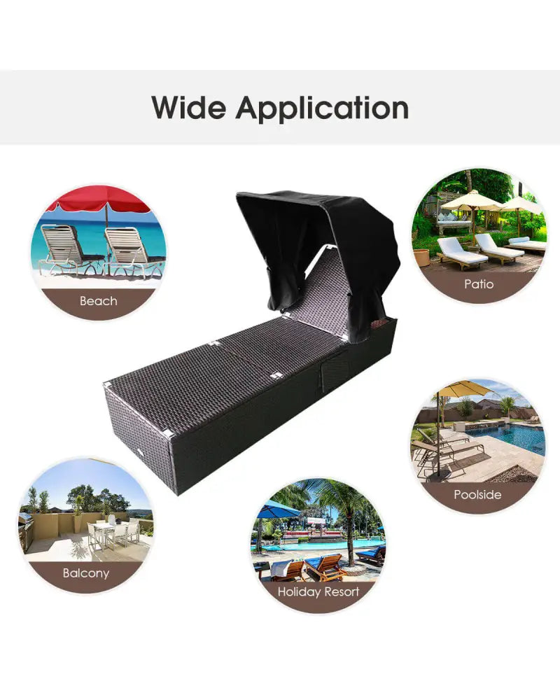 Outdoor Adjustable Cushioned Chaise Lounge Chair with Folding Canopy-Black - Black - Outdoor Chaise Lounges