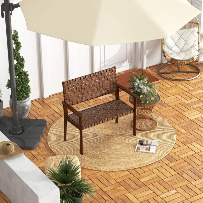 Outdoor All Weather Bench with Solid Rubber Wood Frame and Hand Woven PU Leather-Brown - Brown - Outdoor Benches