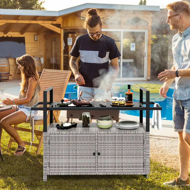 Outdoor Bar Cart Wicker Buffet Serving Cart with Cabinet and 8 Hooks-Gray - Gray - Camping Furniture