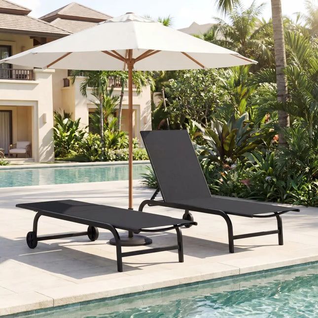 Outdoor Chaise Lounge Chair with Wheels and Metal Frame-Black - Black - Outdoor Chaise Lounges