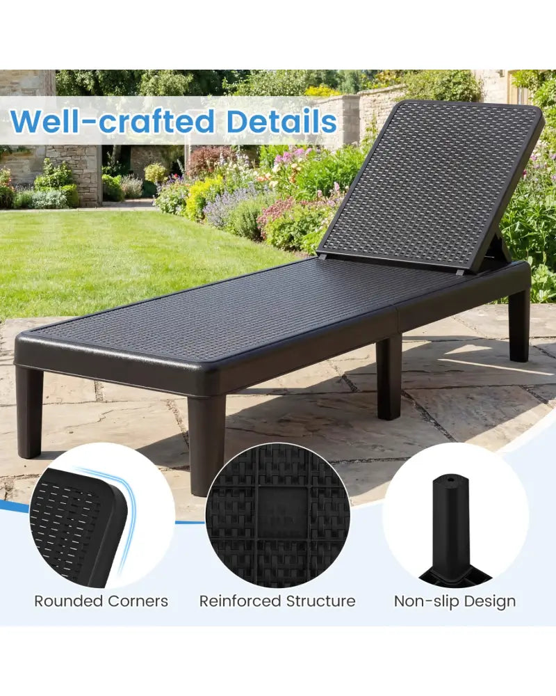 Outdoor Chaise Lounger Chair with Waterproof Rattan Textured PP Surface Set of 2-Black - Black - Outdoor Chaise Lounges