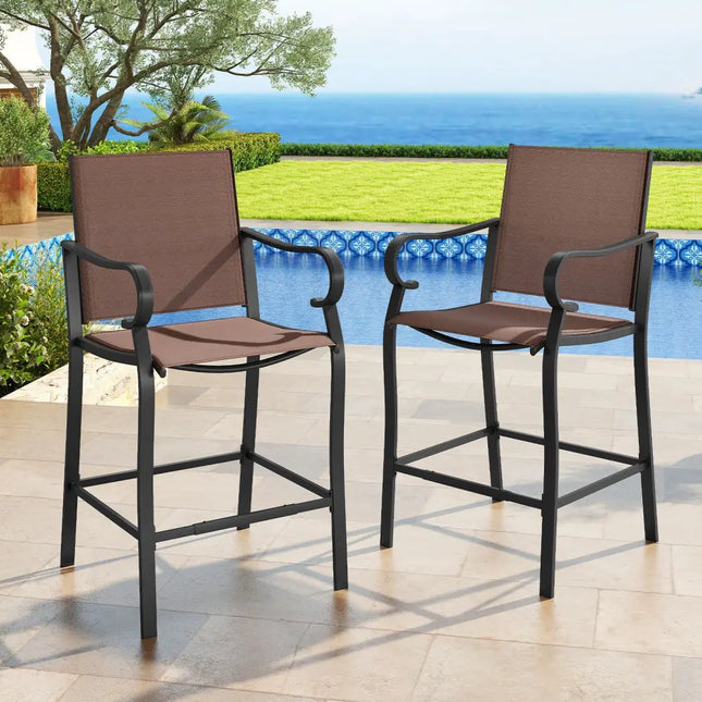 Outdoor Counter Height Bar Stools Set of 2 with Breathable Mesh Fabric - Brown - Patio Bar Furniture