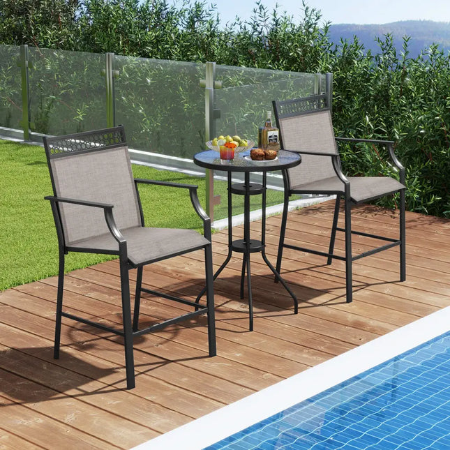 Outdoor Counter Stools Set of 2 Heavy-Duty Barstools with Footrest and Armrests-Coffee - Coffee - Patio Bar Furniture