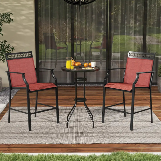 Outdoor Counter Stools Set of 2 Heavy-Duty Barstools with Footrest and Armrests-Red - Red - Patio Bar Furniture