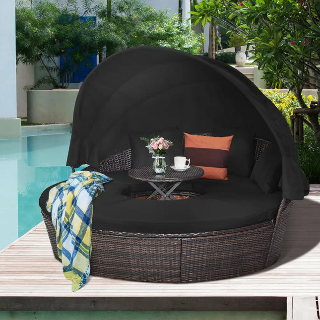 Outdoor Daybed with Retractable Canopy-Black - Black - Patio Furniture Sets