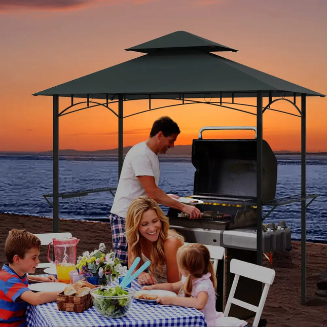Outdoor Double-Tiered Grill Gazebo Canopy with 2 Shelves and 7 Hooks-Gray - Gray - Gazebos
