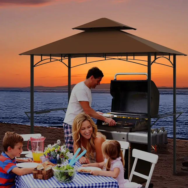 Outdoor Double-Tiered Grill Gazebo Canopy with 2 Shelves and 7 Hooks-Coffee - Coffee - Gazebos