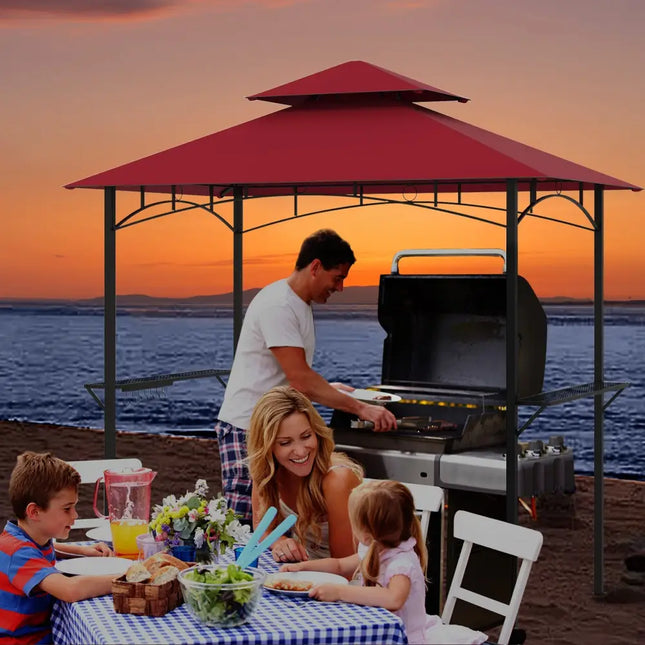 Outdoor Double-Tiered Grill Gazebo Canopy with 2 Shelves and 7 Hooks-Red - Red - Gazebos