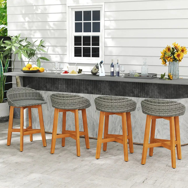 Outdoor Faux Rattan Bar Chairs Set of 2 with Ergonomic Backrests and Footrests-Gray - Gray - Patio Dining Chairs