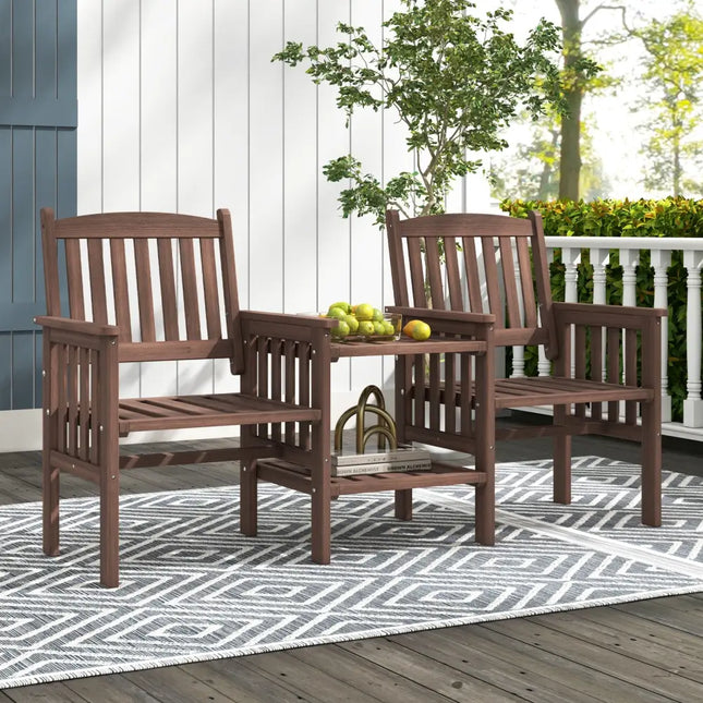 Outdoor Fir Wood Loveseat with 2-Tier Side Table and 1.96’’ Umbrella Hole-Coffee - Coffee - Patio Conversation Sets