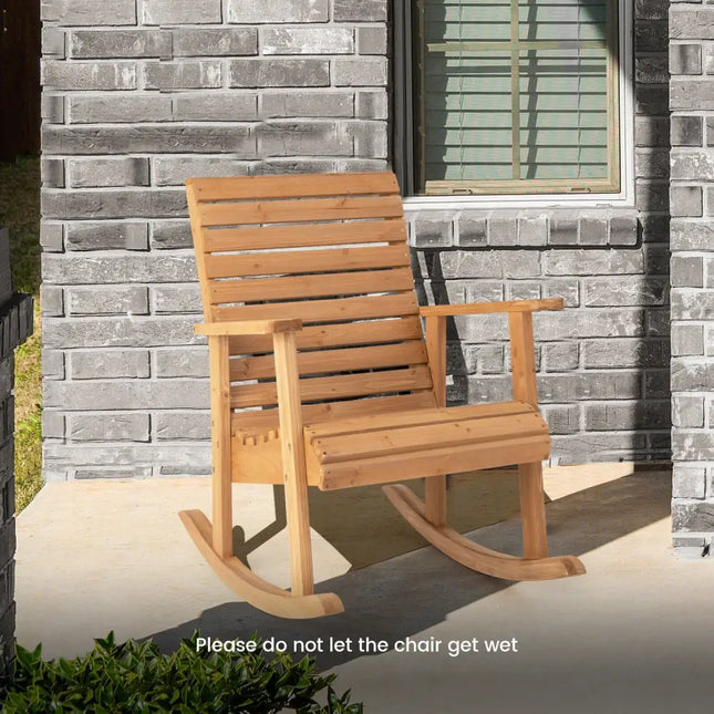 Outdoor Fir Wood Rocking Chair with High Backrest-Brown - Natural - Patio Rocking Chairs & Gliders