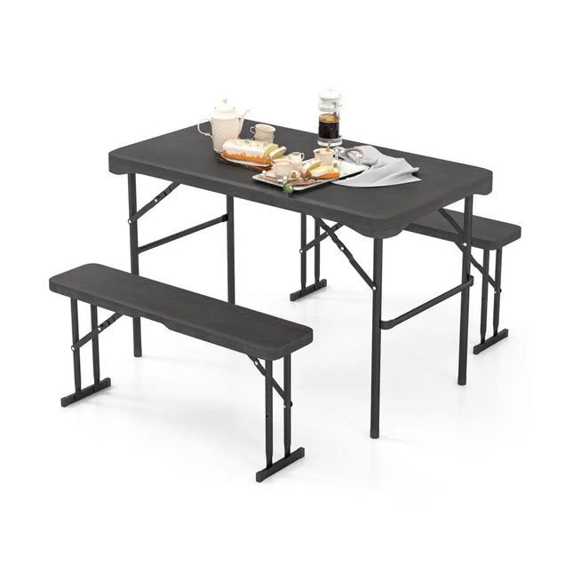 Outdoor Folding Table Bench Set w All-Weather HDPE Tabletop and Sturdy Metal Frame-Black - Black - Patio Dining Sets