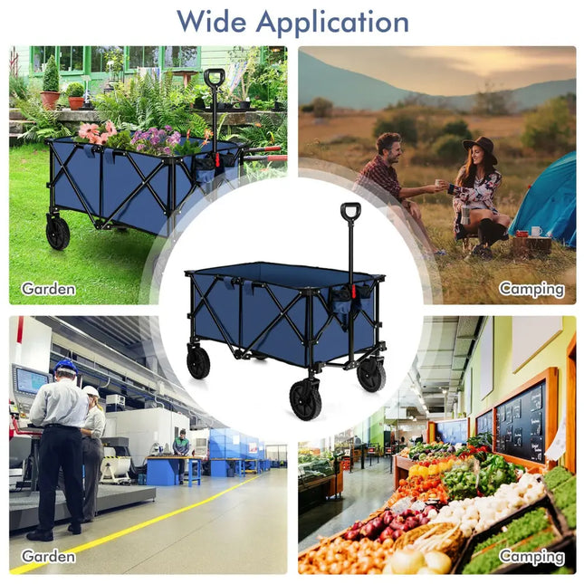 Outdoor Folding Wagon Cart with Adjustable Handle and Universal Wheels-Navy - Navy - Garden Carts