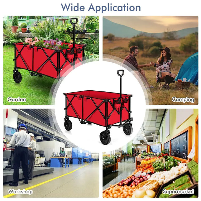 Outdoor Folding Wagon Cart with Adjustable Handle and Universal Wheels-Red - Red - Garden Carts