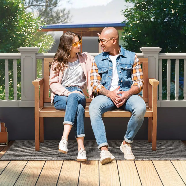 Outdoor Garden Bench 2-Person Teak Wood Bench with Comfy Armrests and Backrest - Natural - Outdoor Benches