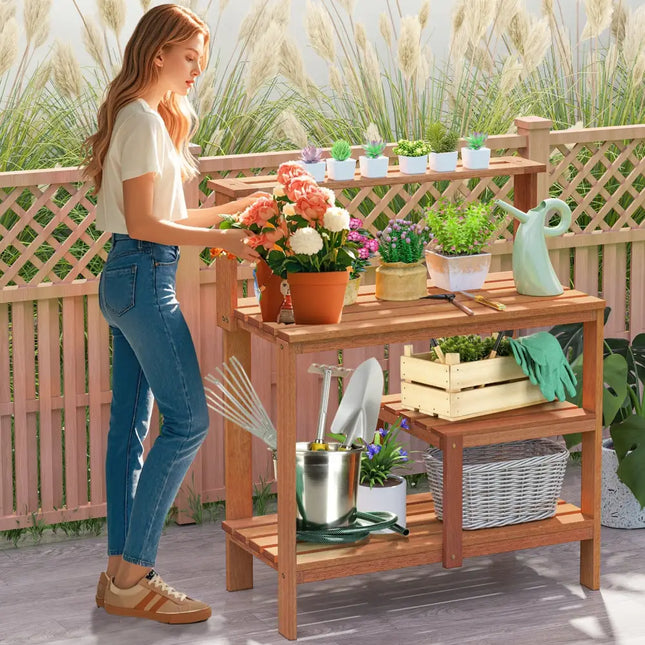 Outdoor Garden Potting Wood Planting Workstation with Open Shelves - Potting Benches & Tables