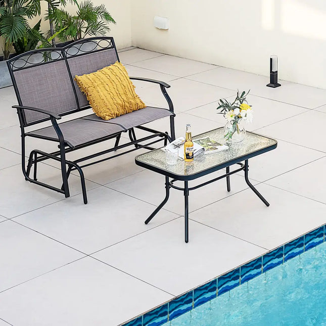Outdoor Gliding Loveseat Chair with Tempered Glass Coffee Table-2 Pieces - Brown - Patio Conversation Sets