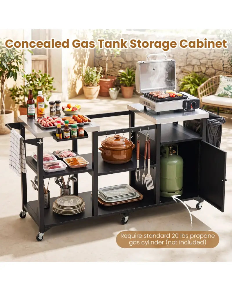 Outdoor Grill Cart with Cabinet Stainless Steel Tabletop and Hooks-Black - Black - Outdoor Grills