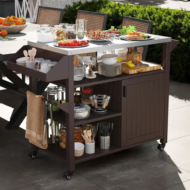Outdoor Grill Cart with Storage Cabinet Shelves and Stainless Steel Top-Brown - Brown - Outdoor Grills