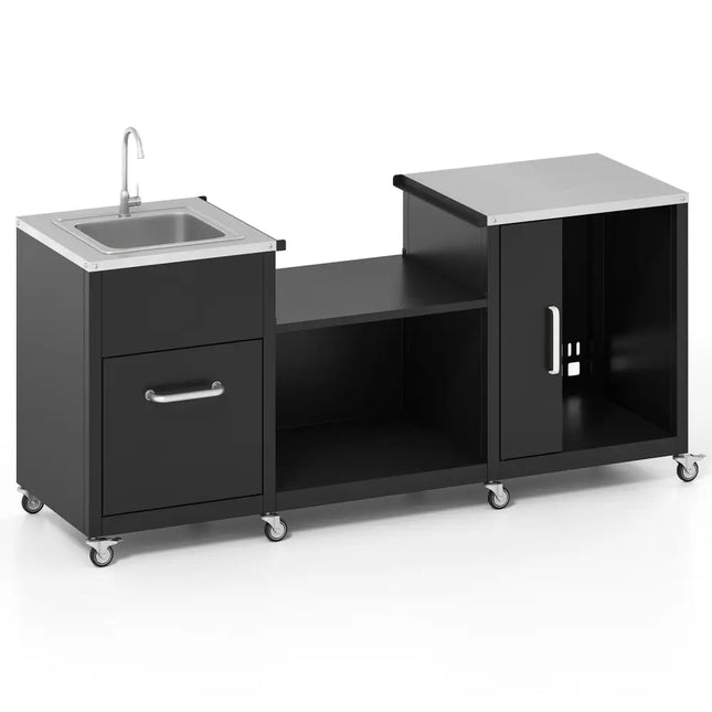 Outdoor Grill Table with Sink and Drainage Heavy Duty Metal Grill Cart-Black - Black - Camping Furniture