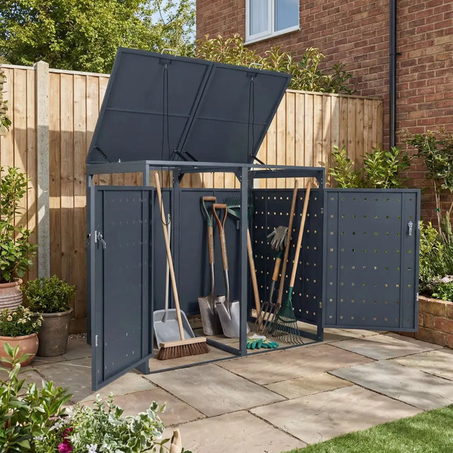 Outdoor Metal Garbage Bin Storage Shed for 2 Trash Cans Double Trash Can Enclosure-Gray - Gray - Sheds & Outdoor Storage