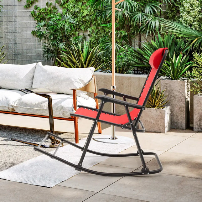 Outdoor Patio Camping Lightweight Folding Rocking Chair with Footrest -Red - Red - Patio Rocking Chairs & Gliders