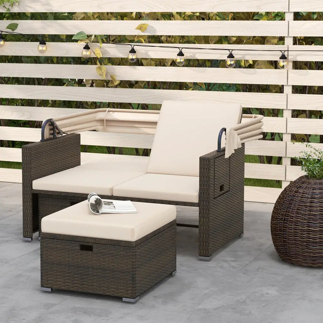 Outdoor Patio Rattan Daybed with Retractable Canopy and Adjustable Backrests-Beige - Beige - Outdoor Sectionals