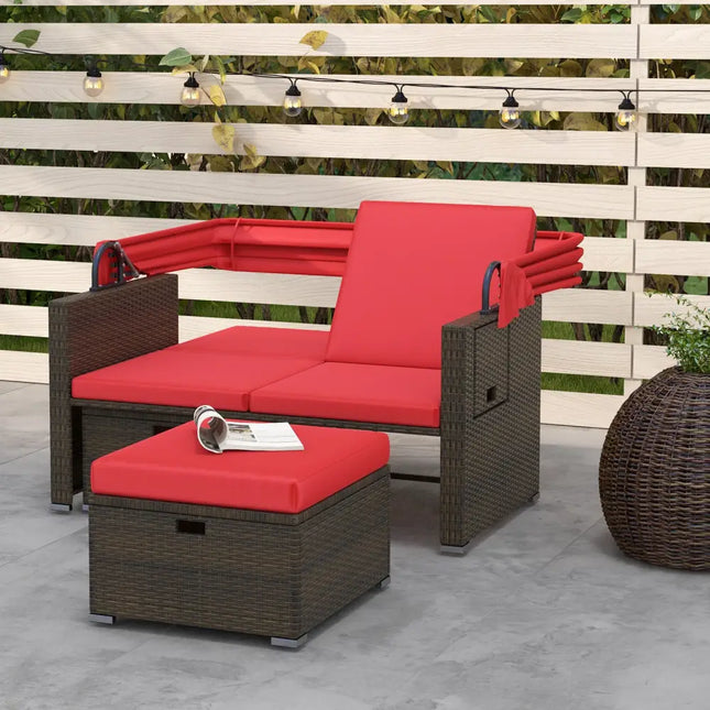Outdoor Patio Rattan Daybed with Retractable Canopy and Adjustable Backrests-Red - Red - Outdoor Sectionals