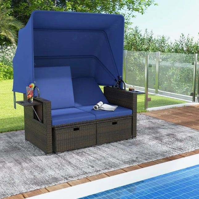 Outdoor Patio Rattan Daybed with Retractable Canopy and Adjustable Backrests-Navy - Navy - Outdoor Sectionals