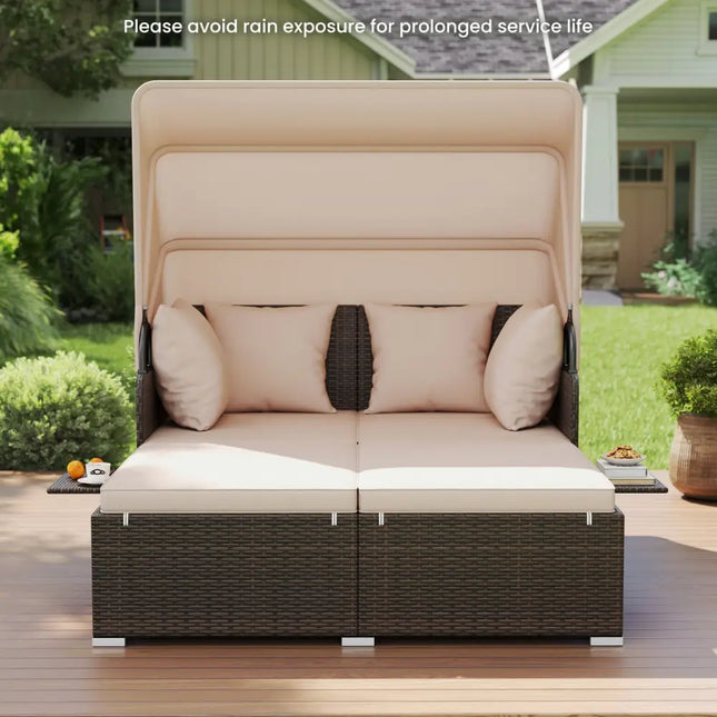 Outdoor Patio Rattan Daybed with Retractable Canopy and Side Tables-Beige - Beige - Outdoor Sectionals