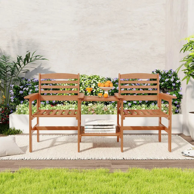 Outdoor Patio Wood 2-Seat Conversation Set with Coffee Table and Umbrella Hole - Natural - Patio Conversation Sets