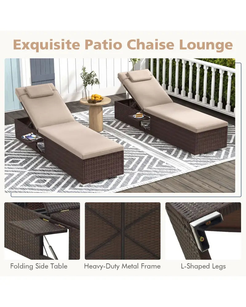 Outdoor PE Rattan Chaise Lounge with 6-Position Adjustable Backrest and Foldable Side Table-Brown - Brown - Outdoor