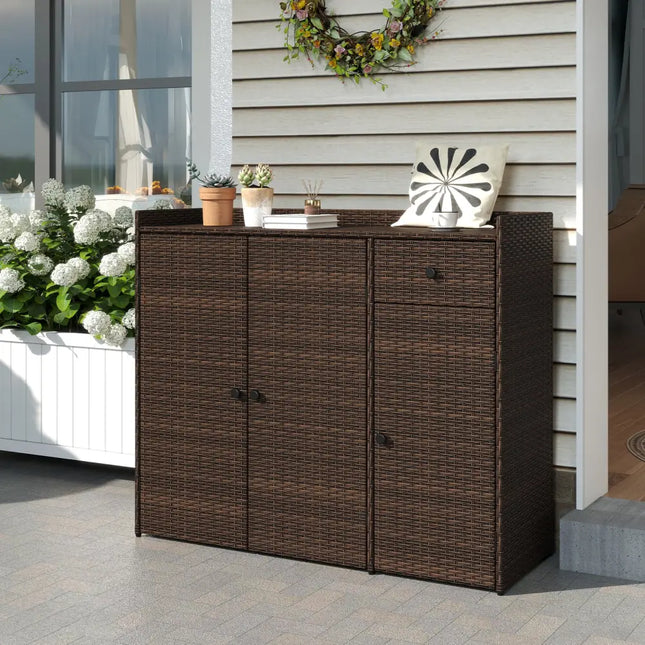 Outdoor PE Wicker Storage Cabinet with 3 Doors for Deck - Outdoor Storage & Garages